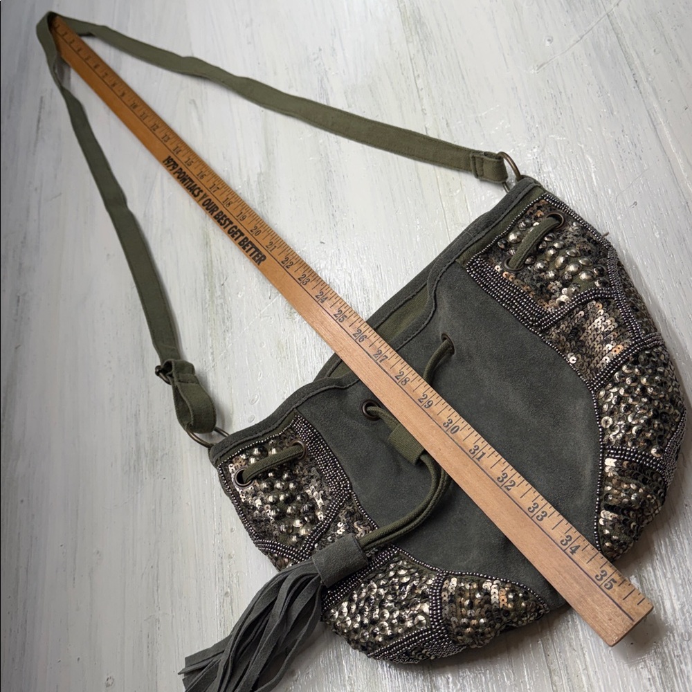 Indie Boho Gold Beaded Olive Leather/Canvas Crossbody Satchel Fringe Drawstring - Picture 5 of 14